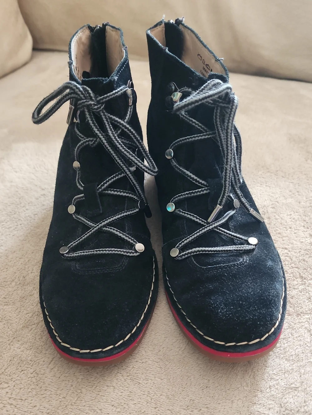 Hush Puppies Black Suede Ankle Hiker Boots with Red-Trim Sole